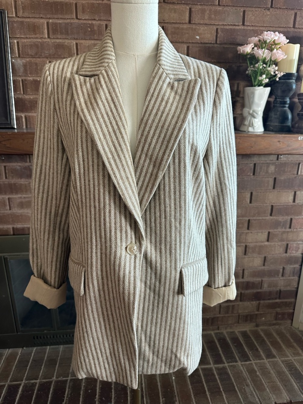 Bohme Striped Herringbone Oversized Blazer Small Tan White Boho Coastal Career